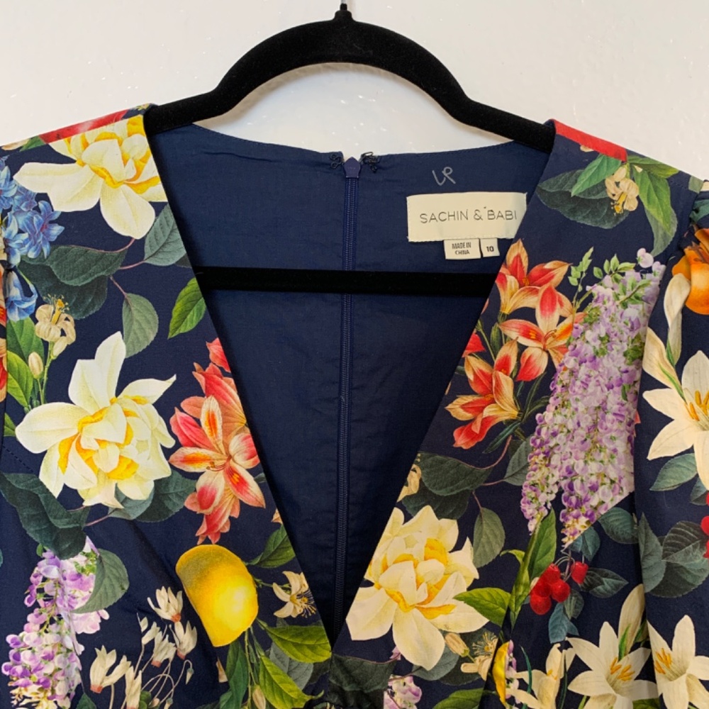 Sachin & Babi Fruit Floral Print Mini Dress Size 10 Blue Brunch Garden Party - Picture 2 of 16